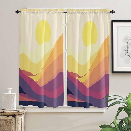 Kitchen Tier Curtains 63 inches Length, Sunset Mountain Yellow Beautiful Abstract Painting Window Curtains for Living Room Bath,Rod Pocket Light Filter Drapes Half Window Treatment Tiers 2 Panels