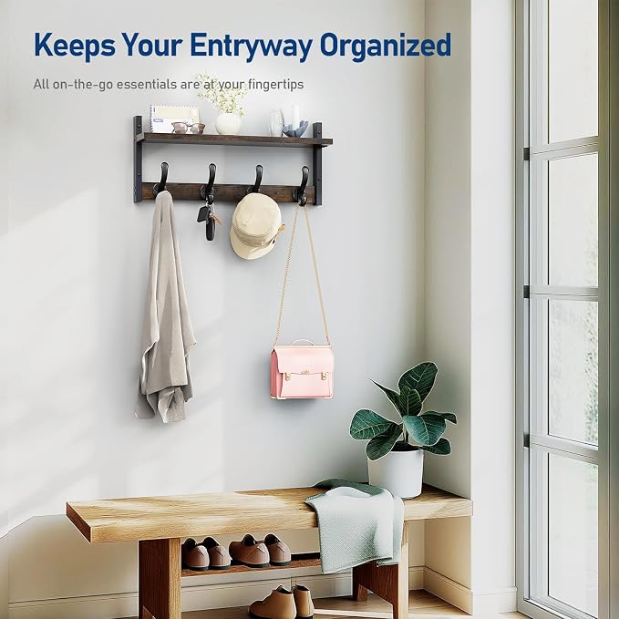 Tatub 20" Rustic Coat Rack Wall Mount with Shelf, Wall Hooks with Shelf, Heavy Duty Entryway Organizer Hangers for Hanging, Hat, Bag, Jacket for Bathroom, Living Room, Bedroom, Rustic Brown