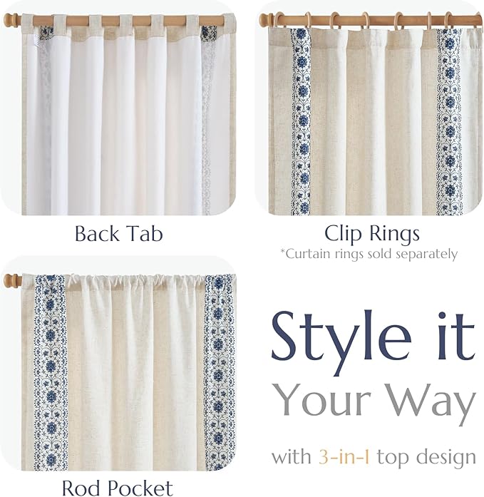 jinchan Weslie Boho Lined Linen Curtains for Bedroom Blue Vintage Floral Farmhouse Curtains 63 Inch Length Linen Drapes for Living Room Embroidered Drapes Rod Pocket Blue on Beige 2 Panels
