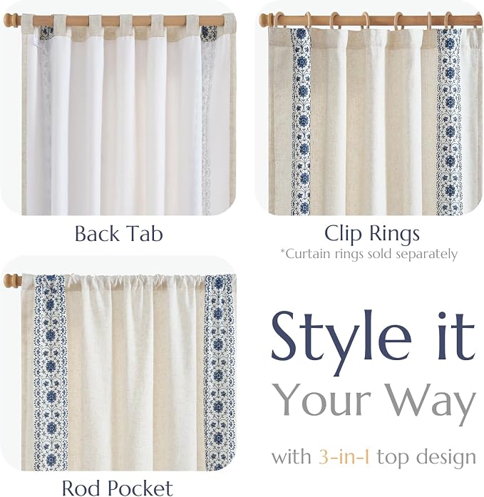 jinchan Weslie Boho Lined Linen Curtains for Bedroom Blue Vintage Floral Farmhouse Curtains 84 Inches Long Linen Drapes for Living Room Embroidered Drapes Rod Pocket Blue on Beige 2 Panels