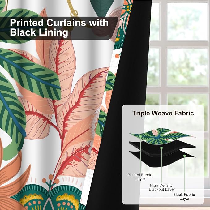 Boho Floral Blackout Curtains 84 Inch Long 2 Panels Set, Grommet Thermal Insulated Window Black Out Curtains for Bedroom Living Room, Soundproof Privacy Light Filtering Drapes with Curtain Tiebacks