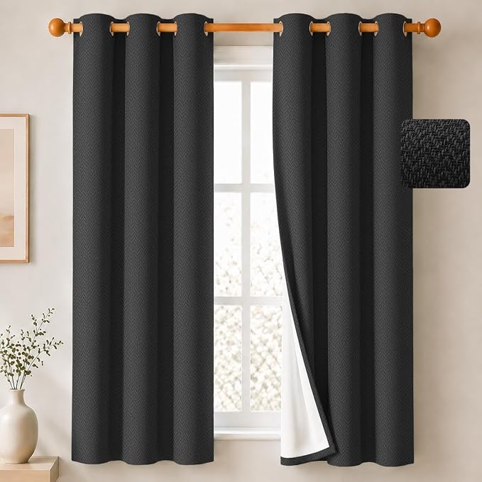 2 Panels 100% Blackout Linen-Textured Curtains, Thick Thermal Insulated Grommet Drapes with Subtle Herringbone Weave, Luxury Decor for Bedroom/Living Room, 37 x 63 Inches, Black