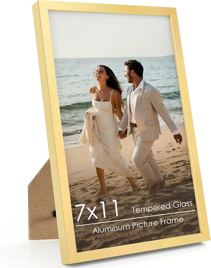FLYJOE 7x11 Metal Picture Frame - Gold Aluminum Picture Frames with Real Glass, Wall Mounting Horizontally or Vertically, Simple and Elegant Decor for Wall Gallery Poster Photo 11x7 Frame, Gold