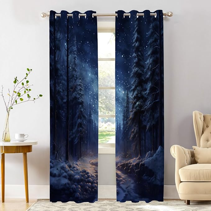 Shrahala Winter New Year Thermal Insulated Blackout Window Curtains, Stars Forests Snow Night Long Drapes for Bedroom/Living Room with Plastic Grommet, 52X84 Set of 2