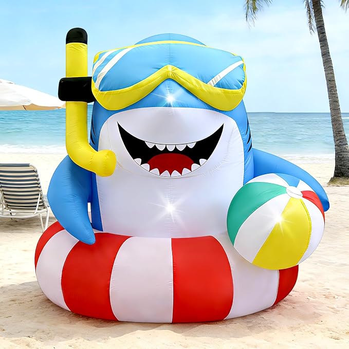 4FT Inflatable Shark with Beach Ball for Summer Outdoor Decor, Blow Up Shark Built-in 3 LED Lights for Beach Pool Ocean Party Decorations, Birthday Party Supplies, Yard Garden Indoor Photo Backdrop