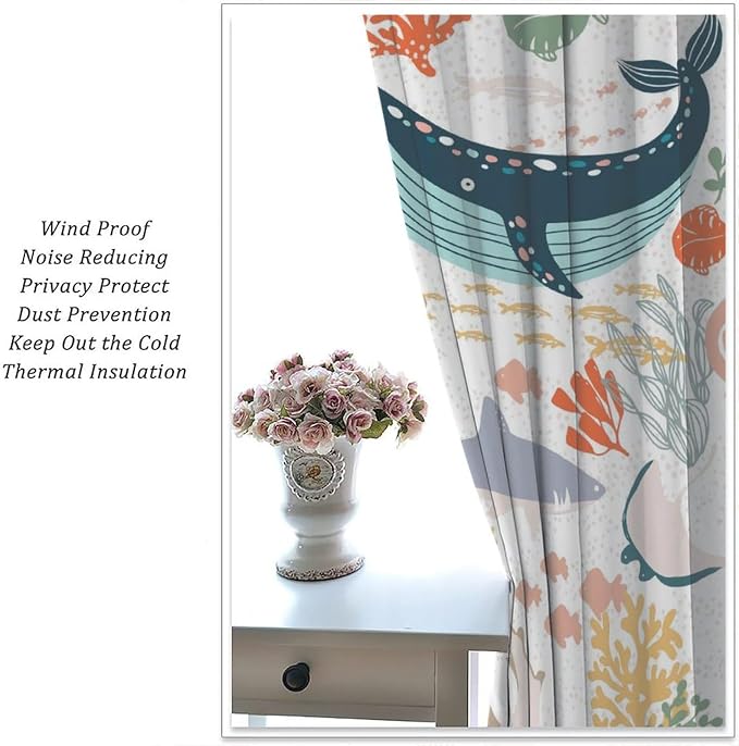 YCness Kids Sea Animal Curtains Funny Turtle Whale Ocean Colorful Art Printed Blackout Window Drapes for Boys Girls Bedroom Nursery Decor Fabric Set 2 Panel 42x45 Inch 30% Shading Rate