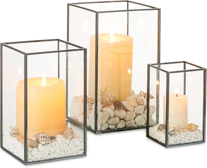 NUPTIO Glass Hurricane Candle Holder: 3 Pcs Black Lanterns Geometric Pillar Candles Holder Decorative Lantern Centerpiece for Outdoor & Indoor Halloween Holiday Fireplace Decor 8.1 & 6.5 & 4.7 inch | Decorative Lantern Centerpiece for Outdoor Indoor Ha...