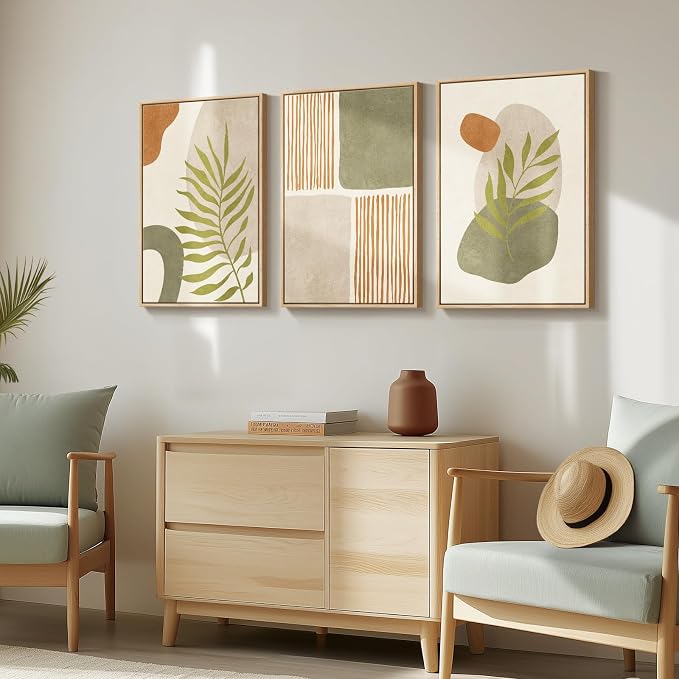 Framed Mid Century Modern Boho Wall Art Bedroom, 3 Piece Tropical Sage Green Paintings Prints Canvas Artwork for Walls, Large Modern Bohemian Pictures for Living Room Hallway Wall Decor, 16x24 Inch