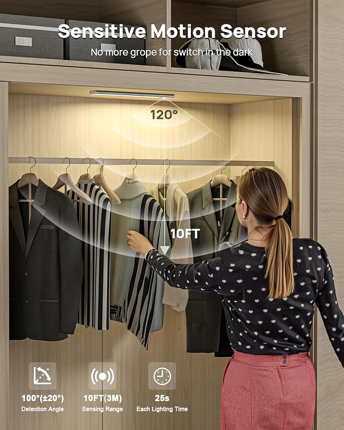12" Under Cabinet Lights Wireless, Motion Sensor Light Indoor with Remote, LED Rechargeable Closet Light, 3 Color Temps, Dimmable, Magnetic, Under Counter Lights for Kitchen, Stairs, Pantry, Hallway