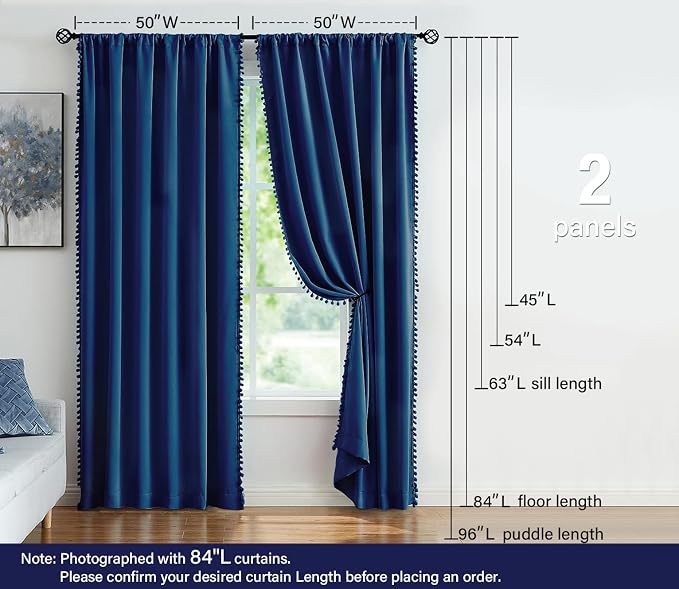Treatmentex Pom Pom Curtains 95" Blue Blackout Curtains for Bedroom Living Room 95 inch Triple Weave Full Blackout Window Drapes for Hotel Men's Guest Room 52" w x2 Panels Rod Pocket Navy Royal Blue