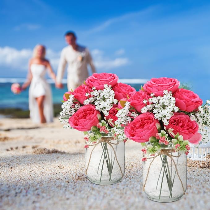 Zeyune 12 Sets Mason Jar Centerpiece Table Decorations, Artificial Peony Baby's Breath Flower Bouquets, Faux Flowers with Vase, Rustic Decor Gifts for Home, Wedding, Holiday (Hot Pink)