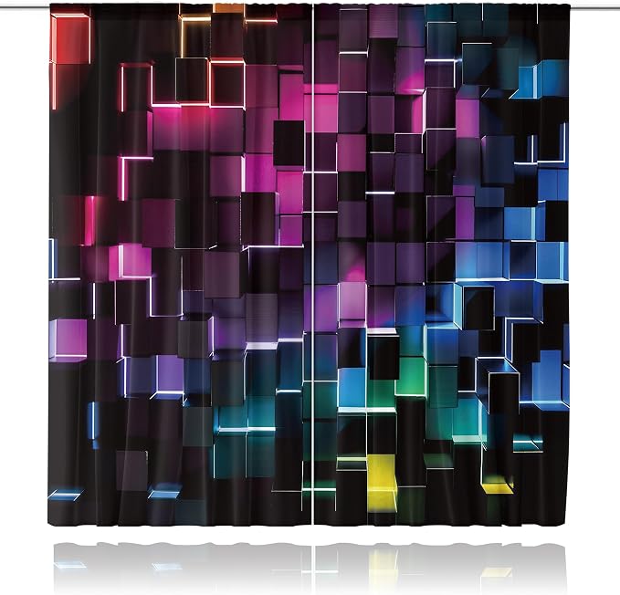 MESHELLY Colorful Curtains 42Wx63H Inch Rod Pocket Abstract 3D Geometric Cubes Gradient Design Geometry Plaid Modern Bedroom Window Drapes Men Boys Gaming Cool Printed Living Room Window Treatment