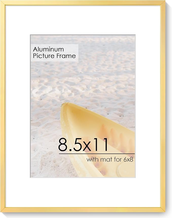 FLYJOE 8.5x11 Certificate Frame, Aluminum Diploma Frame for Document, Gold | Elegant Gold Document Frame with 6x8 Opening for Diploma, Certificate, Award & Letter Size Photo | Wall Kit Included