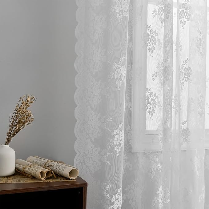 Kotile White Lace Curtains 63 Inch Length 2 Panels, Country Rustic Floral Design Sheer Lace Curtains for Bedroom, Rod Pocket Vintage Privacy Lace Window Panel Set, 42 x 63 Inch Each, White