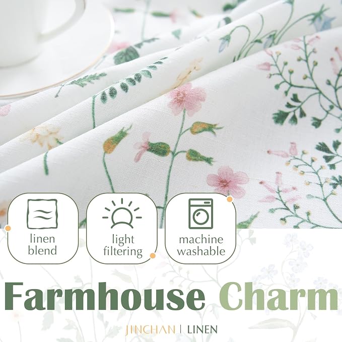 jinchan Linen Double Layer Valance Curtain for Windows Spring Summer Farmhouse Floral Light-reducing Kitchen Living Room Bedroom Bathroom 16 Inch Rod Pocket 1 Panel Green on White