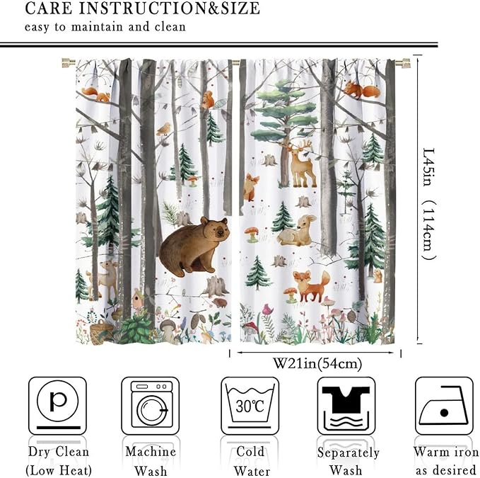 YCness Kid Forest Woodland Animal Fox Elk Bear Watercolor Print Curtains for Nursery Bedroom Living Room, Rustic Wild Animal Window Drapes 2 Panel Set, 42x45 Inch