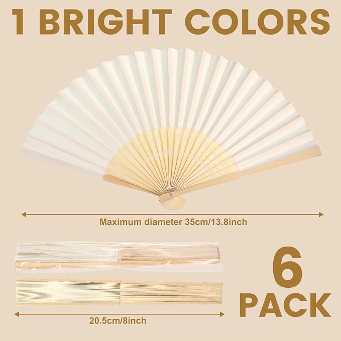 Qunclay 60 Pcs White Paper Hand Fans Bulk Bamboo Folding Handheld Wedding Fans for Bridal Dancing Party Favors Church Home Decoration Gift DIY Supplies Stage Props in OPP Individual Package