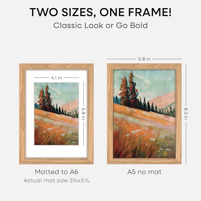 Homeforia A5 Wood Picture Frame, High-End Natural Oak 5.8x8.3 Frame Matted to 4.1x5.8 inch Photo, A5 Size Wooden Frames with Mat A6 for Art, 5.8 x 8.3 Poster Frames, Tempered Glass, Wall Kit, Set of 2