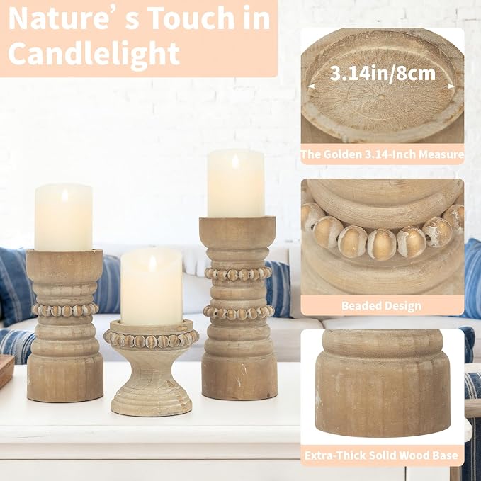 Rustic Natural Wood Candle Holders Set of 3, Farmhouse Beaded Wood Pillar Candle Holder, Candle Holders for Pillar Candles & Candlesticks, Candle Sticks Holder Decor for Table Centerpiece