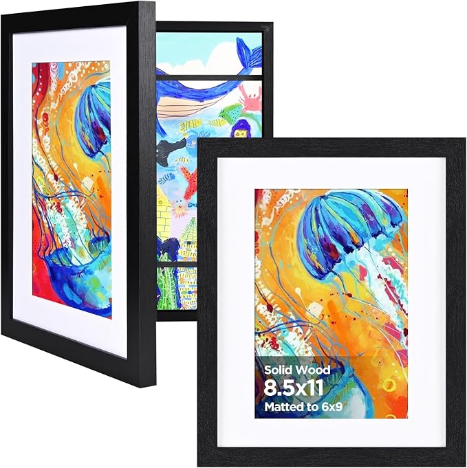 KINLINK 8.5x11 Kids Art Frame 2 Pack, Solid Wood Artwork Frames Changeable, Front Opening Hold 150 Pictures, Art Frames for Kids Artwork, 6x9 with Mat 8.5x11 without Mat, Picture Frames Black
