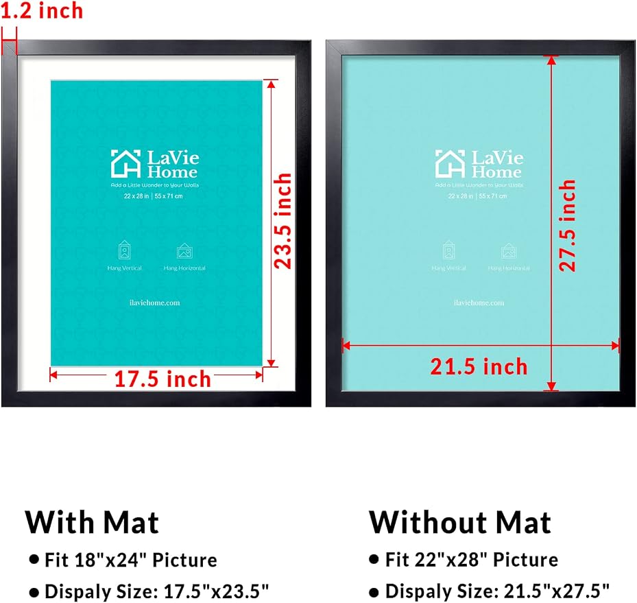 LaVie Home 22x28 Picture Frame Black Poster Frame,Display Pictures 18x24 with Mat or 22x28 Without Mat, Stable and Sturdy Frame and Polished Plexiglass, Horizontal and Vertical Format of The Walls