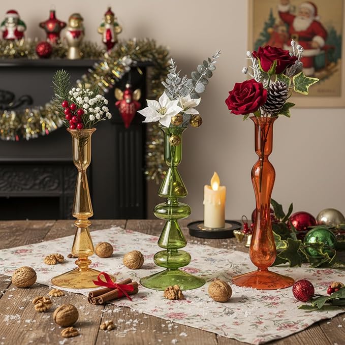 Mumufy 3 Pcs Vintage Christmas Glass Candlestick Holders Neutral Christmas Shaped Glass Taper Candle Holder Amber Olive Honey Gold Xmas Candle Stick Vase Decor for Holiday
