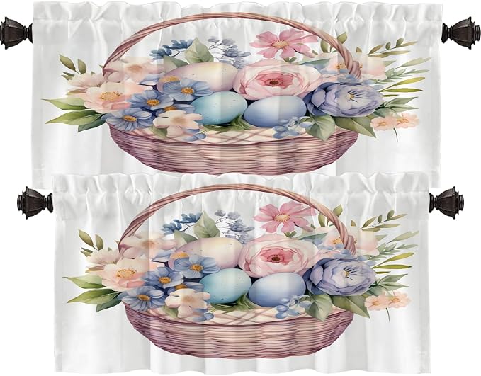 Shrahala Basket Flowers Eggs Blackout Short Curtains for Windows, A Basket with Floral and Eggs Kitchen Valance Thermal Insulated Rod Pocket Window Treatment for Bathroom 2 Pack 52 X 18 in