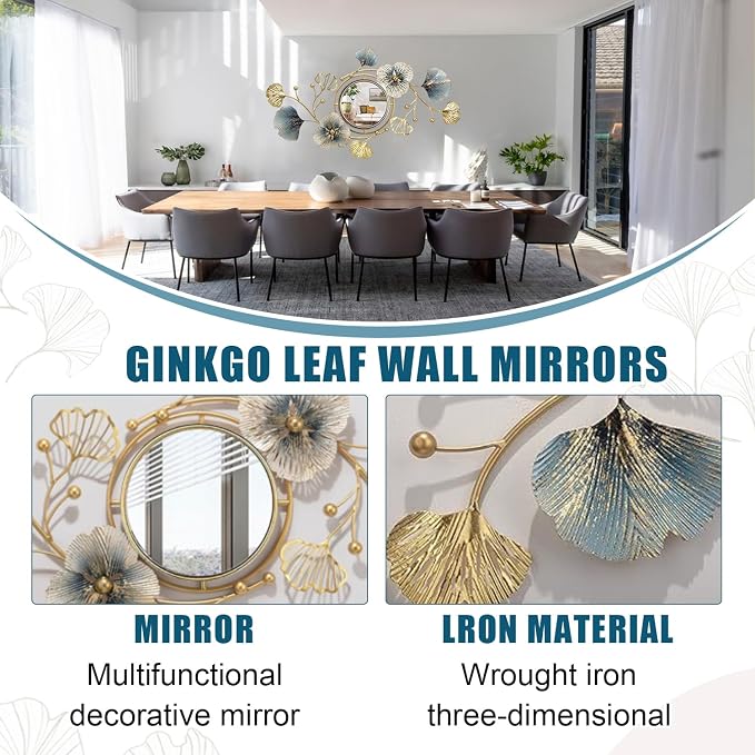 Metal Wall Mirrors Decor, Large Ginkgo Leaf Wall-Mounted Mirrors, Big Wall Decor Mirror, 3D Creative Modern Hanging Wall Mirrors Decorative, for Living Room Bedroom Entryway Bathroom (59X33 Inch)