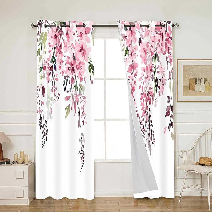 Pink Watercolor Floral Curtains, Botanical Leaves Vine Flowers Curtain, Rustic Farmhouse Flower Leaf Blackout Window Treatment Drapes for Bedroom Living Room 52x90 inch, 2 Panels