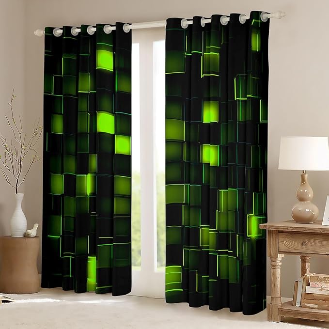 Castle Fairy Dark Green Block Window Curtain | Geometric Honeycomb Blackout Curtain for Girls Bedroom Decor,Video Games Curtains Modern Cool 3D Living Room Top 2 Panels,42Wx84L
