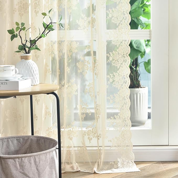 Kotile Beige Lace Curtains 45 Inch Length 2 Panels Rusitc Floral Retro Short Lace Curtains for Kitchen Windows, Rod Pocket Privacy Sheer Cafe Curtain for Cabinet Bathroom Window, 42 x 45 Inch
