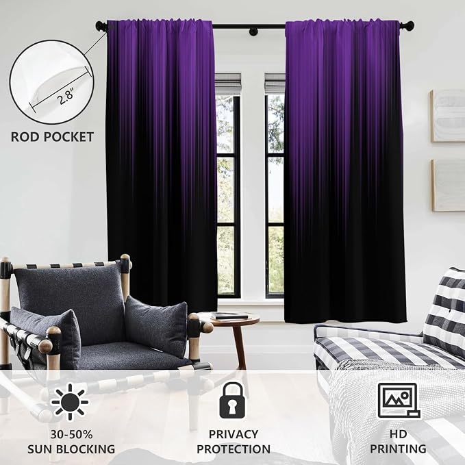 AAtter Purple and Black Window Curtains, 2 Panels, Wide Long 52" W x 84" L | Gothic Ombre Rod Pocket Drapes, Plum Abstract Moody Style, Witchy Modern Design, Large Living Dining Room Decor for Women