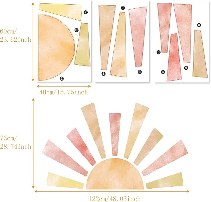 Large Fabric Watercolor Boho Half Sun Wall Decal Peel and Stick, Pastel Sunrise Backdrop Murals Stickers, Sunshine Wall Art Decor for Kids Room Playroom Nursery Bedroom, 48.03" x 28.74"