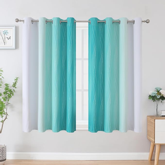 Estelar Textiler Teal and Greyish White Blackout Curtains 45 Inch Length, Light Blocking Gradient Drapes for Bedroom, Thermal Insulated Grommet Ombre Curtains for Bathroom,52Wx45L,2 Panels