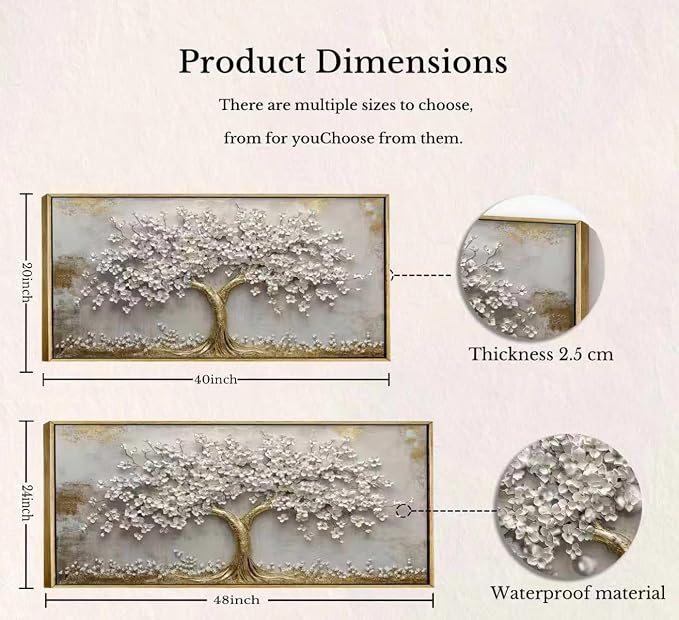 Framed 3D Texture Large Tree of Life Canvas Wall Art Gold and White Flower Big Tree Painting Picture Wall Decor Botanical Floral Poster Print Artwork for Living Room Dining Bedroom