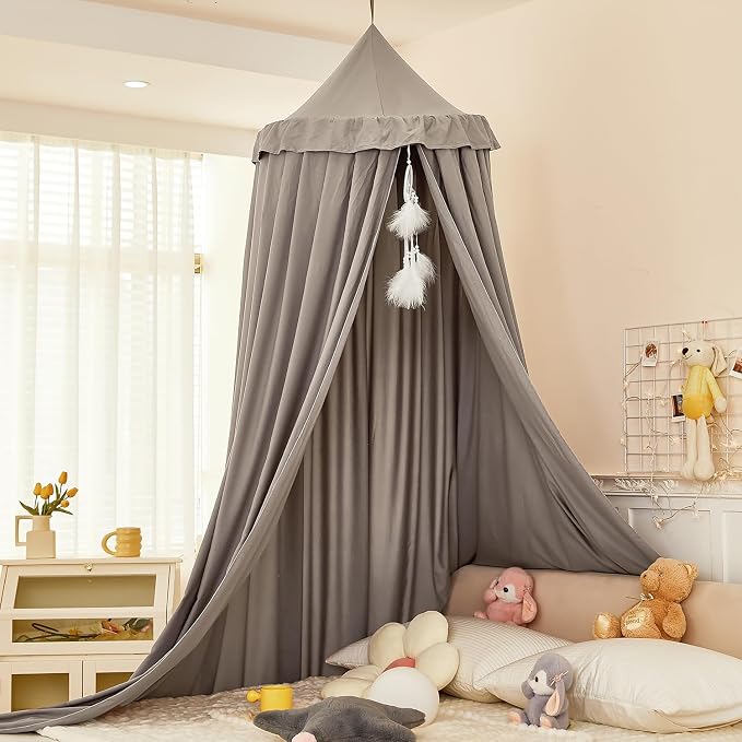 Princess Decor Canopy for Kids Bed, Soft and Durable Bed Canopy for Girls Room Tent Canopy Dreamy Mosquito Net Bedding, Children Reading Nook Canopies Indoor (Grey)
