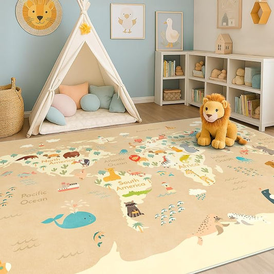 Hazo Haus Washable Kids Rug for Playroom – 5x7 Toddlers Room Play Rug, Educational World Map Area Rug with Cute Animals – Non-Slip, Stain Resistant, Soft & Safe, Nursery, Kids Room, Bedroom - Beige