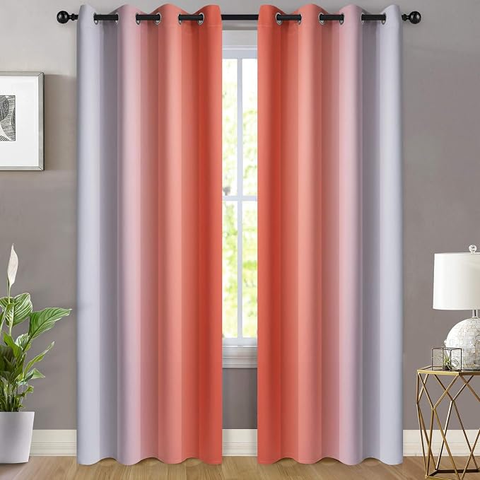 Yakamok Ombre Curtains Coral and Greyish White for Living Room,52Wx84L | Room Darkening Curtains 84,Thermal Insulated Gradient Color Drape,Light Blocking Grommet Window Curtains for Bedroom,2 Panels
