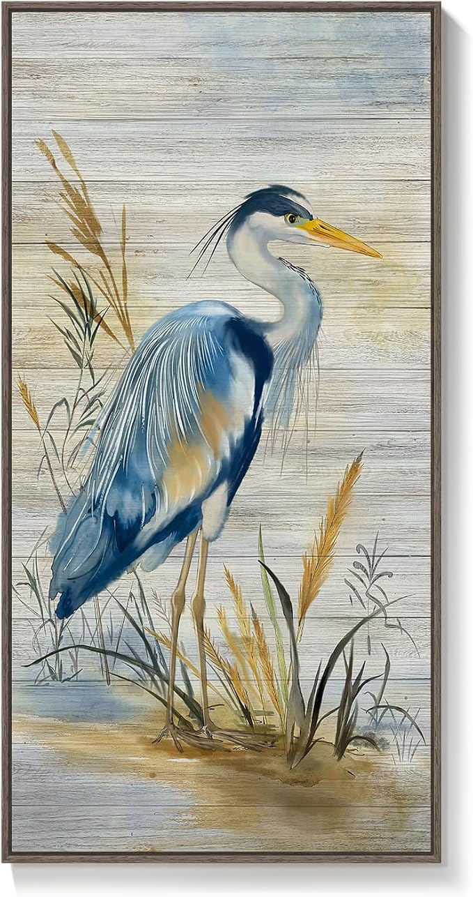 Framed Vertical Blue Heron Living Room Wall Art, Large Vintage Bird Picture Artwork for Walls, Coastal Heron Farmhouse Vertical Canvas Print for Office Kitchen Foyer Stair Hallway Wall Decor, 20x40 In
