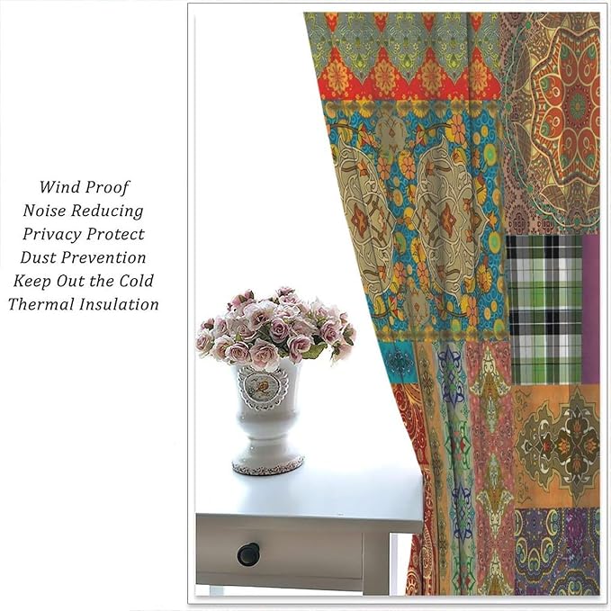 Patchwork Floral Boho Blackout Curtains Vintage Style Colorful Patchwork Design Pattern Art Print Window Drapes for Bedroom Living Room Kitchen Cafe （W31.5xL63 Inch） x2 Panels