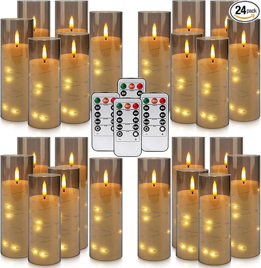 24pcs Flameless Grey Pillar Candle with Star String Lights, Flickering Battery Powered LED Candle 5'' 6'' 7'' with Remote Control and Timer for Home Decor,Party and Romantic Ambiance