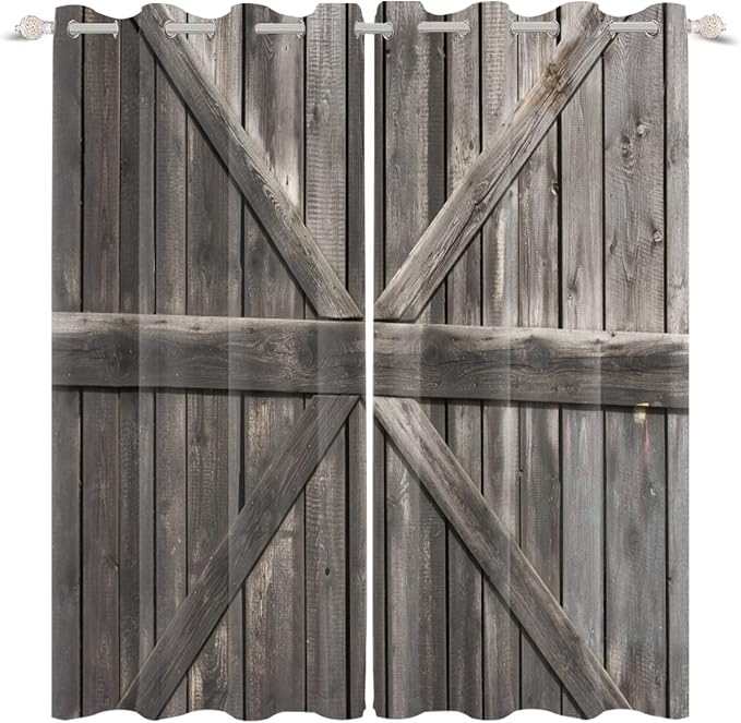 Rustic Barn Door Window Curtains Farmhouse Grey Wooden Door Garage Door Blackout Window Treatment for Living Room Bedroom Rural Farm Style Room Darkening Window Drapes,42x108 inch,2 Panels