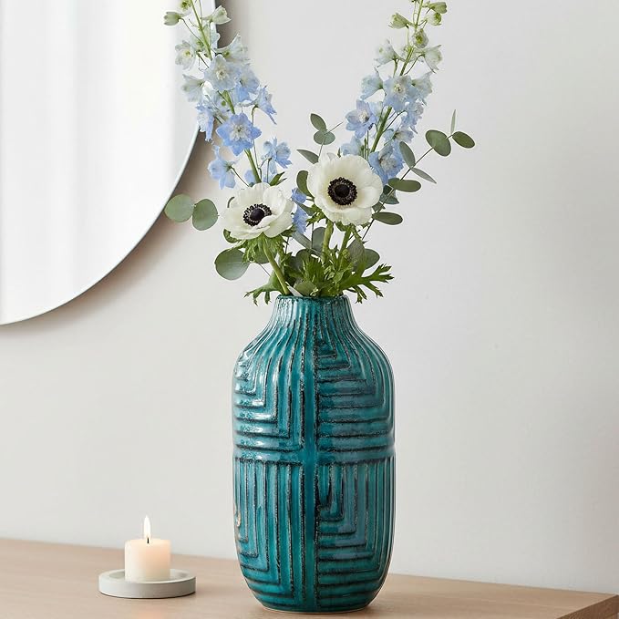 hjn Teal Hand-Glazed Ceramic Vase - 10.6" H Modern Decorative Centerpiece Vase for Fresh/Dried Flowers, Home Decor for Living Room Bookshelf Mantel | Wedding Housewarming Gift