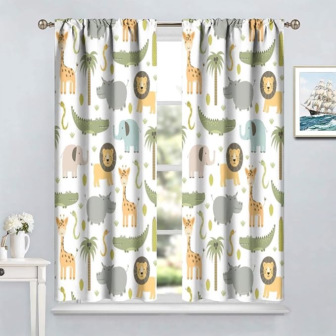 Nursery Safari Animals Curtains, Baby Boy Girl Kids Woodland Jungle Forest Lion Elephant Printed Curtains for Living Room Bedroom Window Drapes 2 Panel Sets63x63 Inch