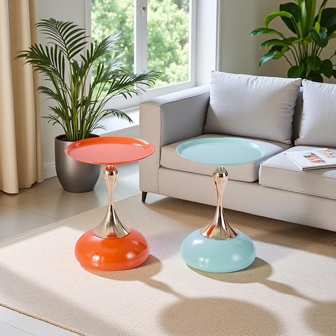 2-Pack Sleek Hourglass Side Table (Light Green & Hermes Orange) - Modern Stylish Accent Table with Glossy Finish & Metallic Detail - Ideal Decor for Living Room, Bedroom & Home Spaces