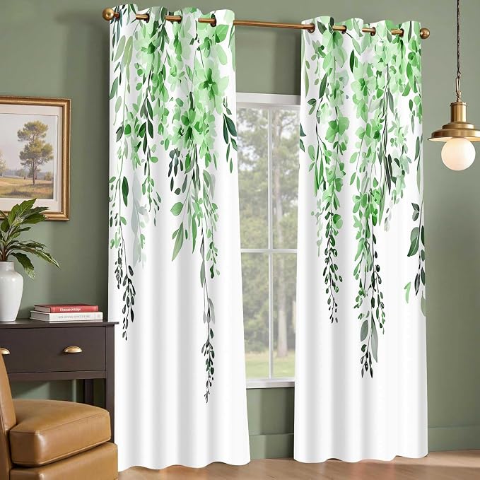Green Watercolor Floral Curtains, Botanical Leaves Vine Flowers Curtain, Rustic Farmhouse Flower Leaf Blackout Window Treatment Drapes for Bedroom Living Room 42x90 inch, 2 Panels