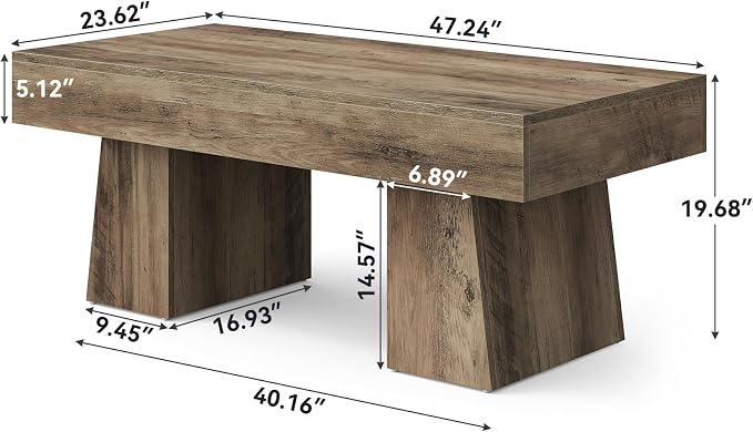 LITTLE TREE Farmhouse Coffee Table, 47 Inches Wooden Rectangular Accent Center Tables with Thick Base, Modern Low Cocktail Tea Furniture for Living Room (Rustic Brown)