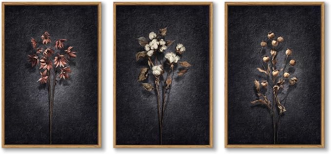 3 Piece Framed Moody Floral Wall Art for Dining Room, Large Vintage Botanical Canvas Artwork for Walls, Dark Black Retro Flower Picture Prints Paintings for Living Room Kitchen Decor, 24x36 Inch