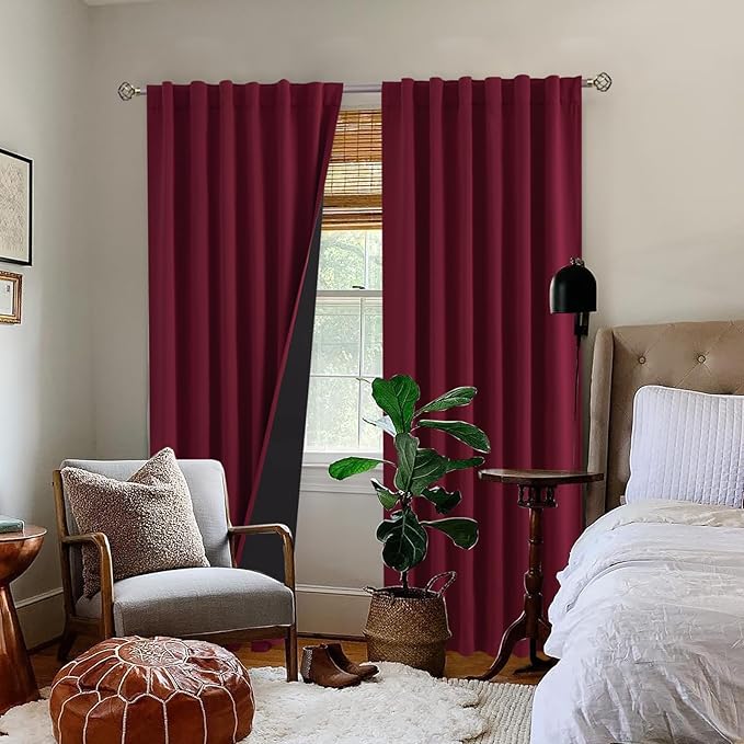 BGment Full Blackout Curtains with Thermal Insulation Liner Curtains 95 Inches Long, Rod Pocket and Back Tab Double Layer Room Darkening Window Curtain for Bedroom(52 x 95 Inch, 2 Panels, Burgundy)