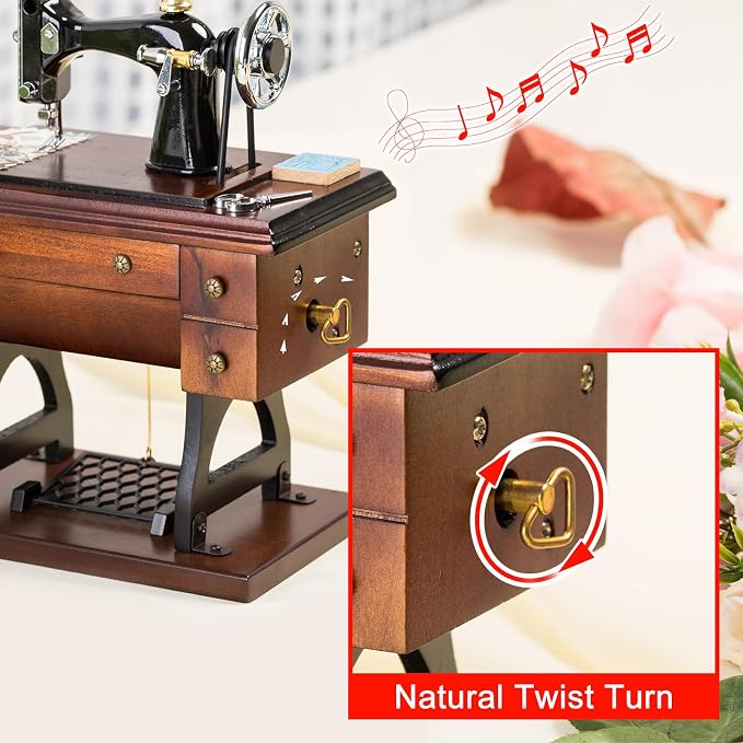 Sewing Machine Music Box Gift, Wooden Vintage Musical Box Christmas Anniversary Birthday Gifts for Mom Wife Grandma Friend Wind Up Mechanical Melody Fur Elise
